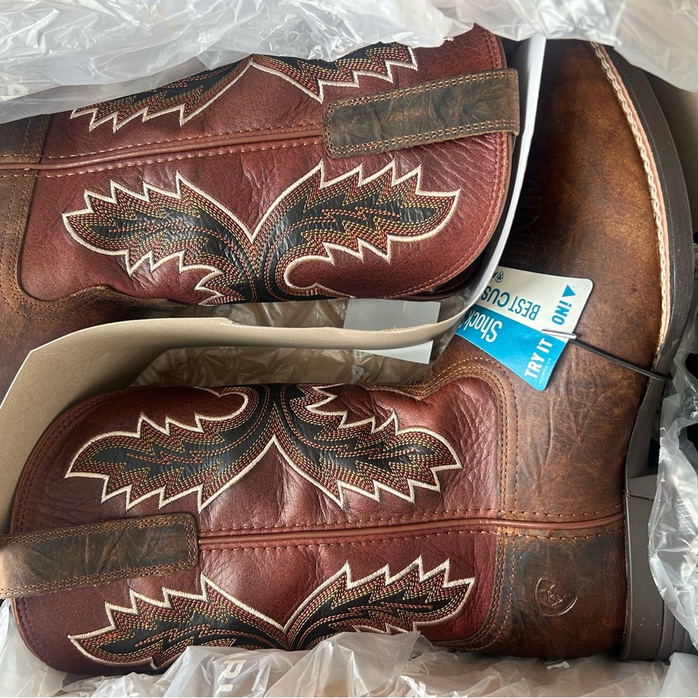 Ariat Men’s Brown and Cognac Wide Square Toe Western Cowboy Boots w/Shockshield